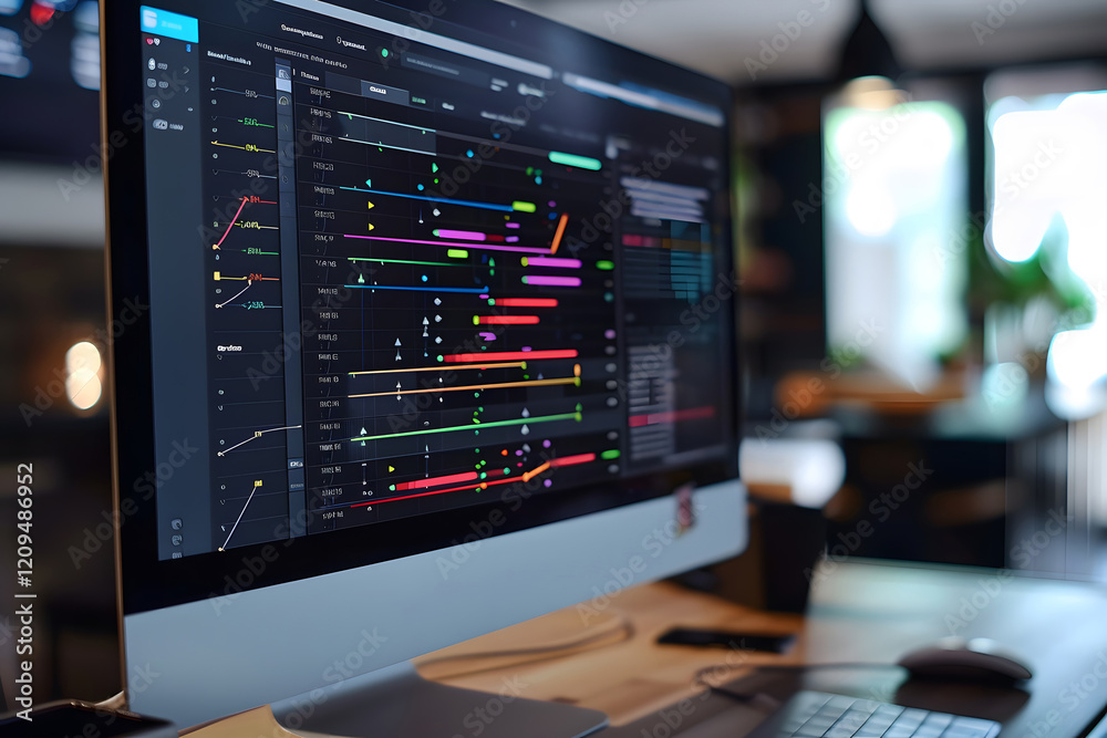 Project management software interface displayed on a computer screen, showcasing a detailed timeline chart of a team project. Generative Ai. Project management software interface displayed on a computer screen, showcasing a detailed timeline chart of a team project. Generative Ai.