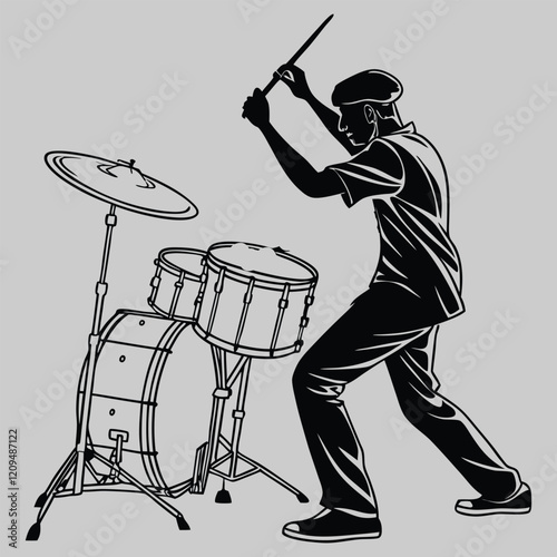 musician playing the drums silhouette vector design art and illustration