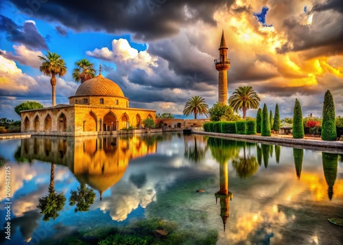 Macro Photography: Hala Sultan Tekke Architecture, Cloudy Sky, Water Reflections photo
