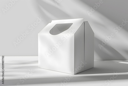 Realistic 3D Vector Mockup of a White Blank Folding Cardboard Gable Box with Die Cut Carry Handle. Generative Ai.