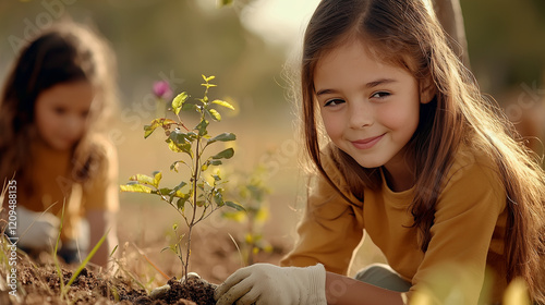Children Planting Trees in Community Park photo