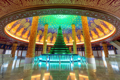 Temple with emerald-green glass pagoda. Buddhist temple of Wat Paknam Phasi Charoen, Bangkok, Thailand. Marble floor, ornate gilded columns and brightly decorated domed ceiling. 
 photo