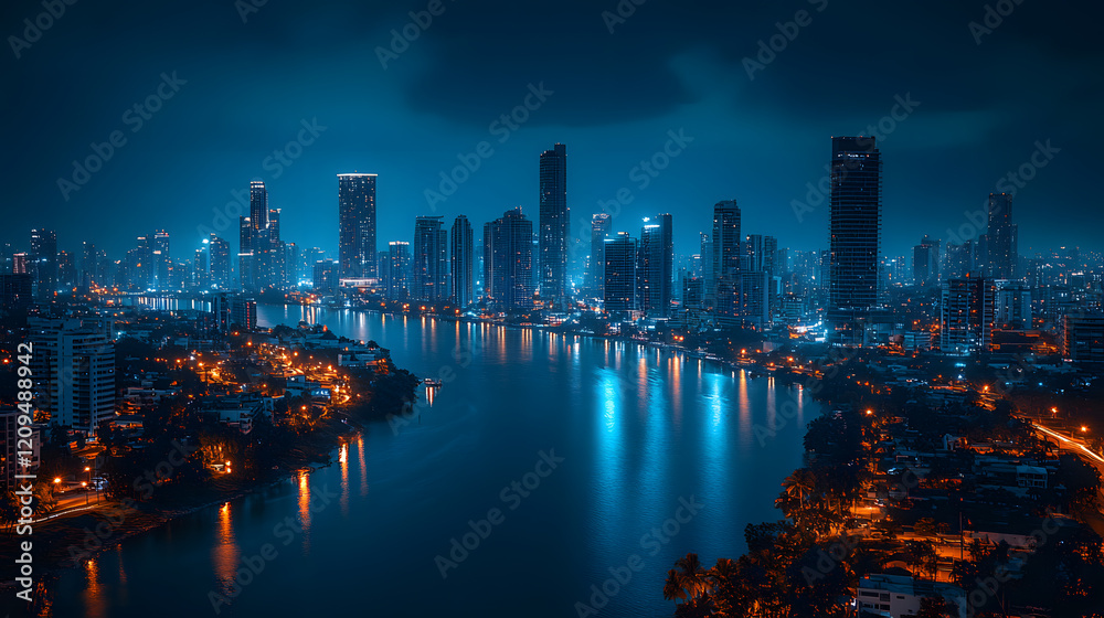 Fototapeta premium A detailed photography of a bustling city skyline at night, with glowing lights and vibrant energy, inspiring ambition and the drive to thrive in urban life.