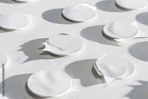 Realistic mockup of round adhesive paper stickers, white tags with peeling corners, soft shadows enhancing depth, high detail. Generative Ai.