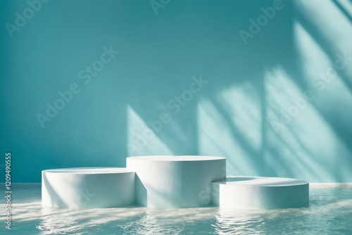 Three cylindrical white podiums stand in water photo
