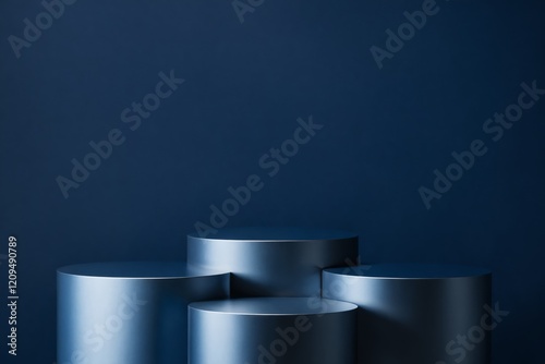 Four silver cylinder podiums on blue background photo