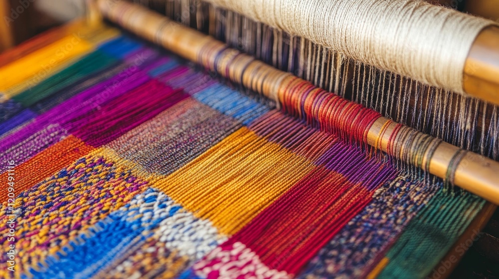 Colorful threads woven on a loom. Colorful threads woven on a loom.