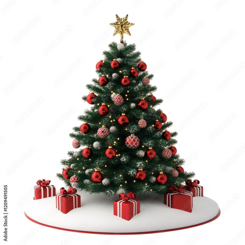 Festive Christmas Tree with Red Ornaments and Gifts Festive Christmas Tree with Red Ornaments and Gifts