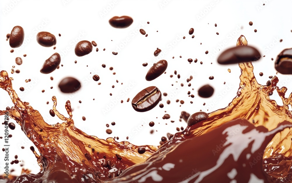 Fototapeta premium Rich espresso splash with coffee beans flying around, dynamic motion on pure white background