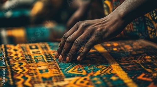 Dark hand rests on detailed woven patterned cloth.