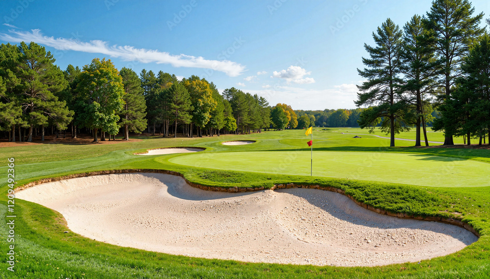 Golf course with sand bunker under blue sky, sport challenge Golf course with sand bunker under blue sky, sport challenge