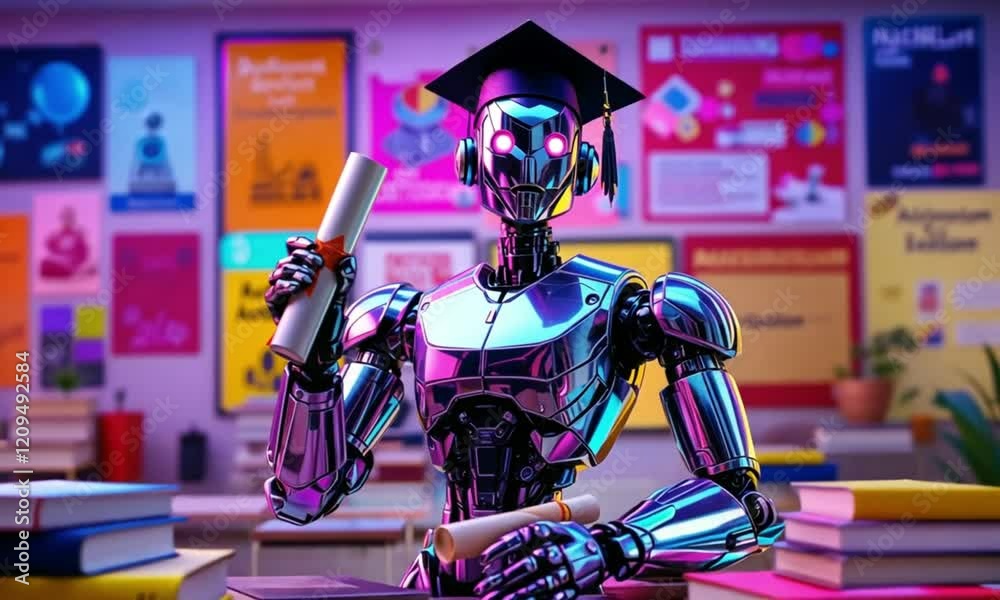 A smooth dolly-in movement approaches a futuristic robot sitting at a desk, holding a diploma. The camera glides forward, creating a sense of intimacy and focus on the robot, generated with ai