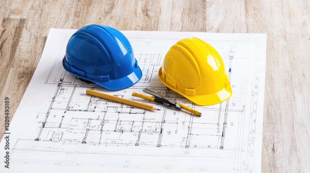Blue and yellow hard hats on blueprints; planning construction Blue and yellow hard hats on blueprints; planning construction