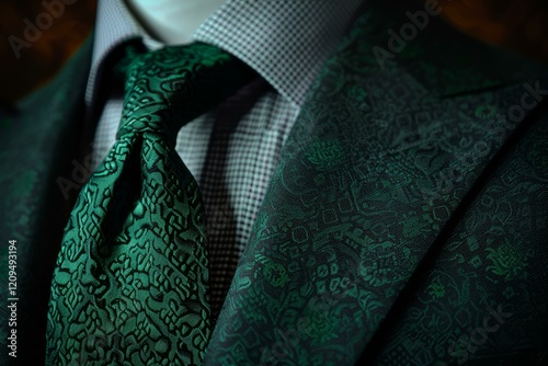Close up of a green patterned suit and matching tie, showcasing exquisite detail and sartorial elegance