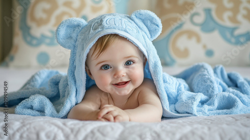 Adorable baby smiling while wrapped in soft blue towel with bear ears, high-quality portrait capturing innocence and joy in a cozy setting