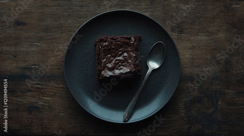 A dark-toned plate with a chocolate brownie and a single spoon, seen from an overhead perspective in the style cinematography. Ciopy space. photo