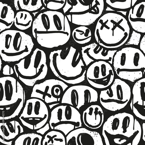 Graffiti happy emoji sprayed in black and white seamless pattern