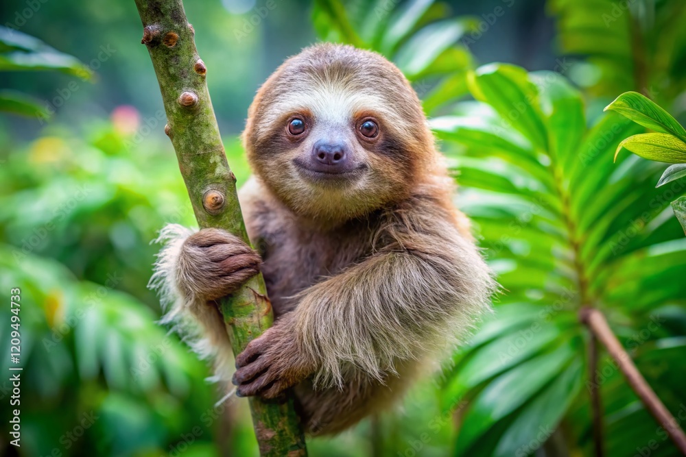 Fototapeta premium Adorable Baby Sloth Hanging on Branch - Wildlife Stock Photo