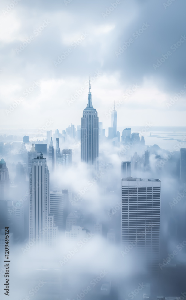Fototapeta premium Serene view of New York City’s skyline shrouded in dense fog, highlighting its iconic skyscrapers and mysterious urban charm.