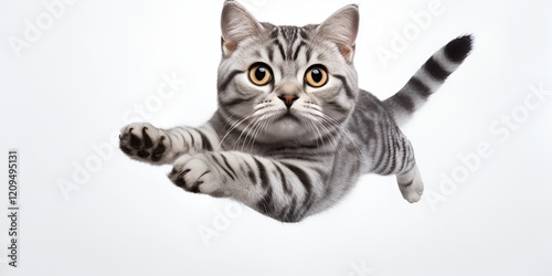 A cute American Shorthair cat is floating in the air, against a white backgro...