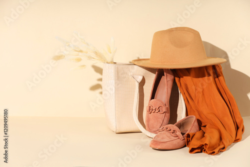 Clothes, shoes and bag on beige background, space for text photo