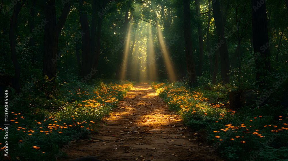 Obraz premium A photography of a calm forest pathway lined with tall trees and illuminated by rays of sunlight breaking through the canopy, sparking a sense of wonder and introspection.