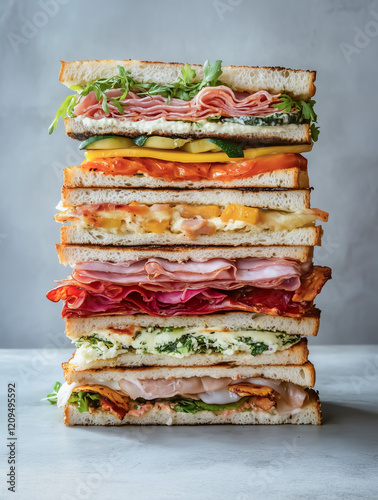 An appetizing vertical stack of gourmet sandwiches with a mix of colorful ingredients and artisanal bread.