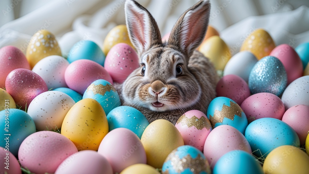 Happy Easter Bunny with many colorful easter eggs. Happy Easter Bunny with many colorful easter eggs.