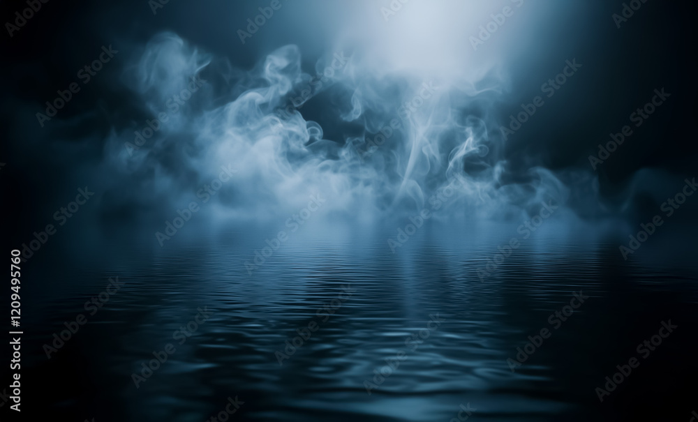 Fototapeta premium A dark, mystical visual with wisps of white smoke curling over water, creating a serene and enigmatic mood. Horizontal view.