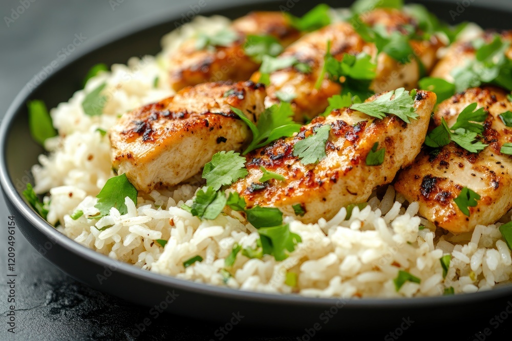 A dish of chicken with rice, with the meat well seared and garnished on top with fresh herbs like coriander or basil. A dish of chicken with rice, with the meat well seared and garnished on top with fresh herbs like coriander or basil.