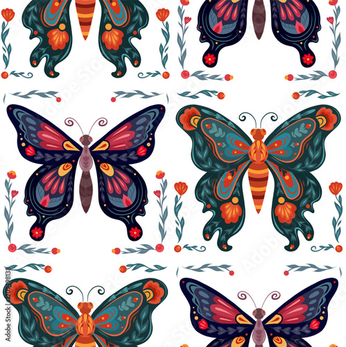 Vector seamless tiled pattern with tracery butterfly in folk art style. Decorative surface design with flying insect with floral ornament for wallpaper and textile