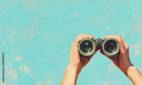 Hands holding binoculars against a blue background, perfect for adventure and exploration themes