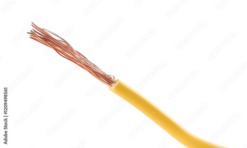 Stripped electrical wire with copper strands on white background