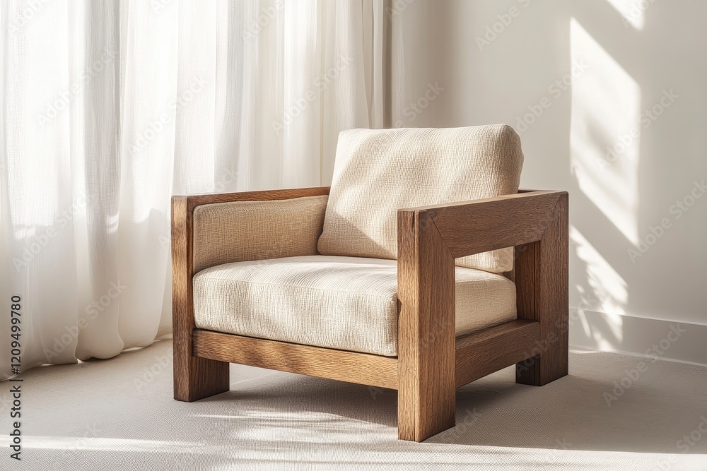 A mockup of an empty black frame on the floor, leaning against a window, white wall, and white curtains. A modern chair with beige fabric and a wood structure. A mockup of an empty black frame on the floor, leaning against a window, white wall, and white curtains. A modern chair with beige fabric and a wood structure.