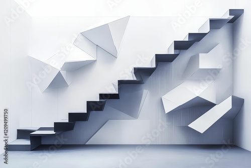 Geometric stairs ascend amid angled white shapes. photo