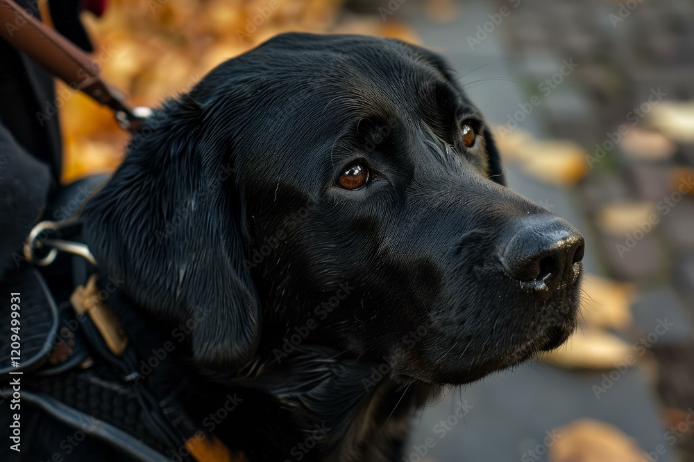 Black labrador retriever enjoying an autumn walk, wearing a harness and leash Black labrador retriever enjoying an autumn walk, wearing a harness and leash