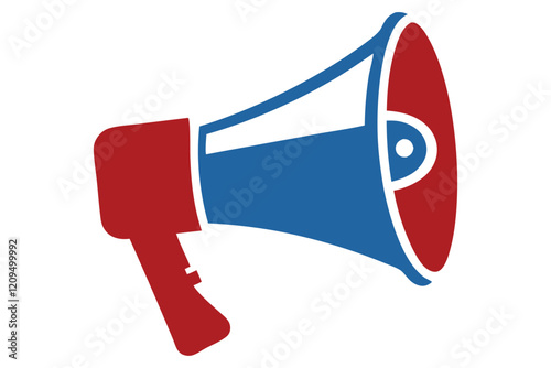 Stylized megaphone icon, red and blue colors, simple geometric shapes, flat design, bold graphic, minimalist logo, political campaign symbol, announcement graphic, vector illustration, clean lines, co