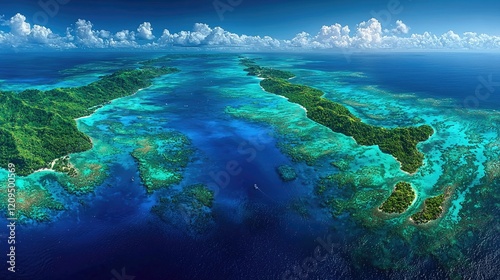 Aerial View of Lush Tropical Islands and Vibrant Coral Reefs