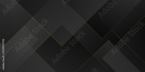 Design geometric tile gold on black background with triangle shape. Geometric dark material background. Elegant abstract shiny luxury black gold background for wallpaper, banner, cover or Presentation