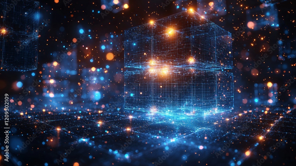 Obraz premium Digital Cubes, futuristic network, glowing particles, abstract background, tech concept
