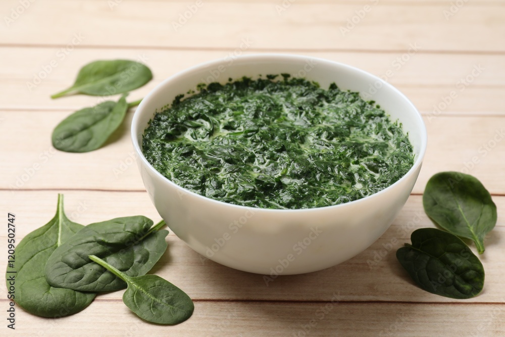 Delicious spinach sauce in bowl and leaves on wooden table, closeup Delicious spinach sauce in bowl and leaves on wooden table, closeup