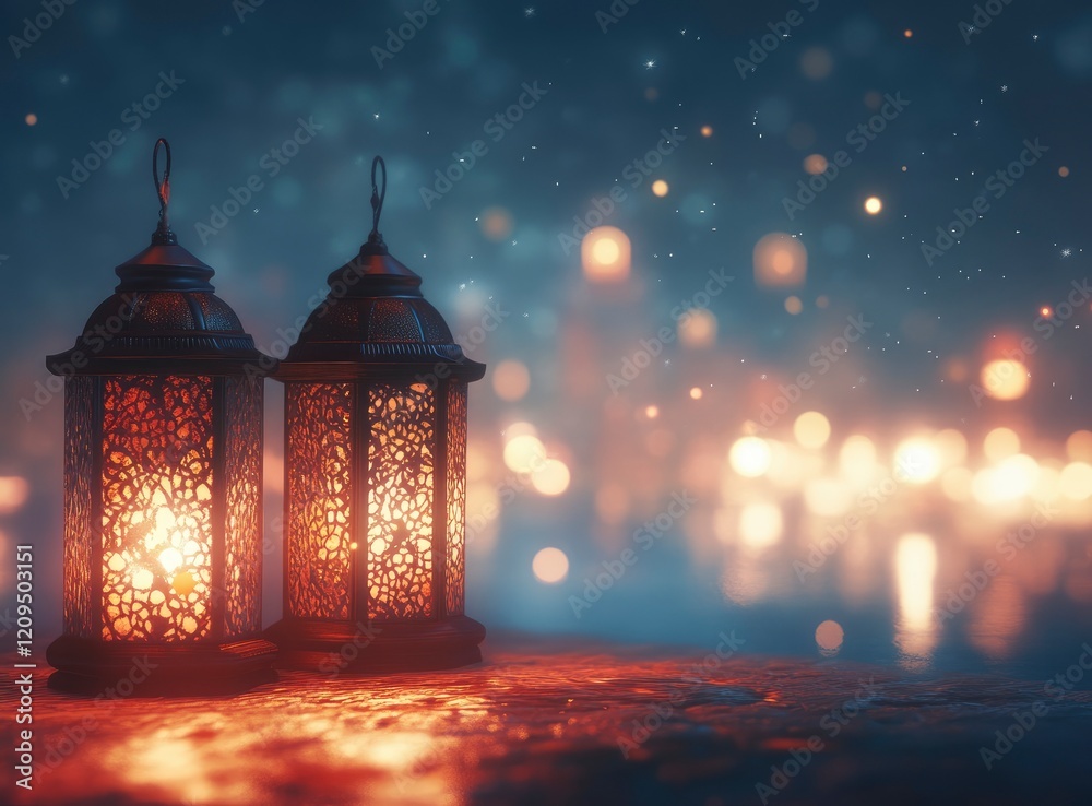 A Ramadan lantern casting an intricate pattern of light on the wall, with copy space for text or message. A Ramadan lantern casting an intricate pattern of light on the wall, with copy space for text or message.