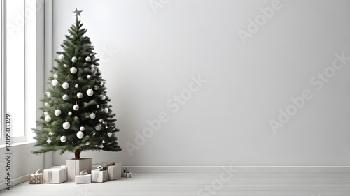 A decorated Christmas tree on the side and a white, empty wall make up the minimalist, light Christmas atmosphere. Mockup of a creative banner greeting card for the new year.