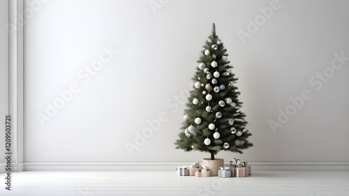 A decorated Christmas tree on the side and a white, empty wall make up the minimalist, light Christmas atmosphere. Mockup of a creative banner greeting card for the new year.