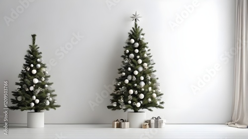 A decorated Christmas tree on the side and a white, empty wall make up the minimalist, light Christmas atmosphere. Mockup of a creative banner greeting card for the new year.