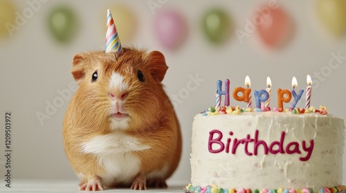 A cute guinea pig celebrates its birthday next to a cake adorned with candles and colorful decorations.