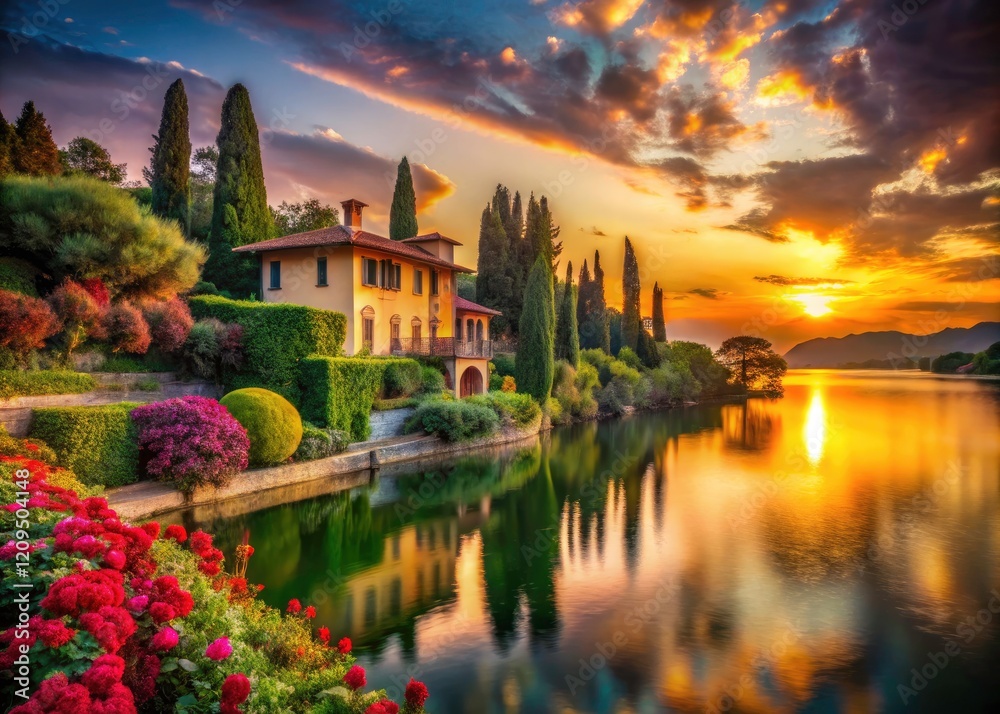 Fototapeta premium Surreal Italian flora explodes with color as the sun dips behind Florence's lakeside villa.