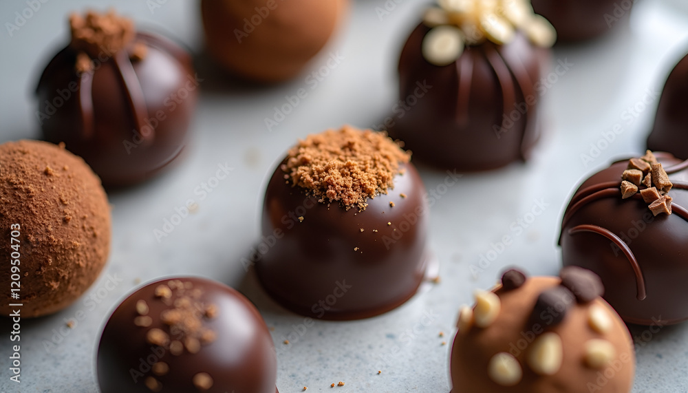 Various chocolate truffles decorated with toppings on a gray surface
Various chocolate truffles decorated with toppings on a gray surface