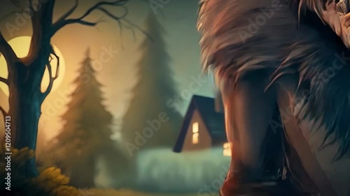 Cartoon Werewolf Animation.  Generated video.  An animation of a talking werewolf in the wild.