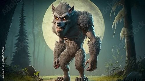 Cartoon Werewolf Animation.  Generated video.  An animation of a talking werewolf in the wild.